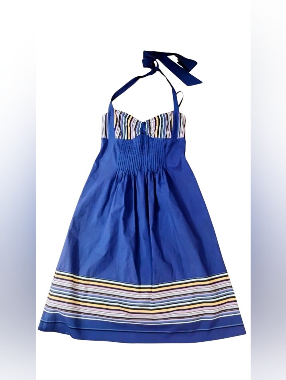 Betsey Johnson Blue Multi Stripe Pintuck Vintage Halter Dress Size 8